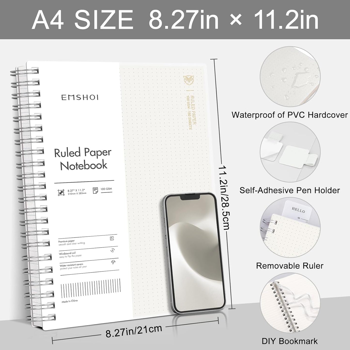 EMSHOI A5 Spiral Notebook College Ruled Lined Journal, Small 5.7" X 8.22", 300 Pages/150 Sheets, 100gsm Thick Paper, Waterproof Hardcover, for Office School Women Men Work Writing Notes, Blue