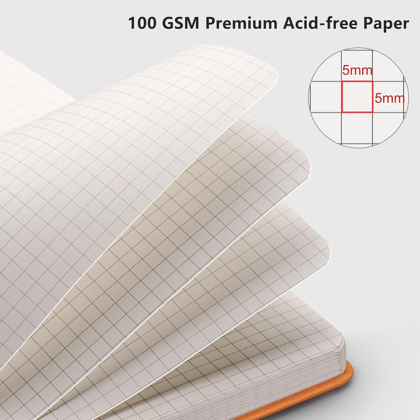 RETTACY Graph Grid Paper Notebook, 192 Pages, A5 Medium Size (5.7'' x 8.3''), 5 Squares per Inch, Leather Hardcover, 100 GSM Thick Paper, for School, Students, Math, Engineering (Brown)