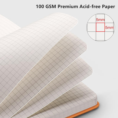 RETTACY Graph Grid Paper Notebook, 192 Pages, A5 Medium Size (5.7'' x 8.3''), 5 Squares per Inch, Leather Hardcover, 100 GSM Thick Paper, for School, Students, Math, Engineering (Brown)