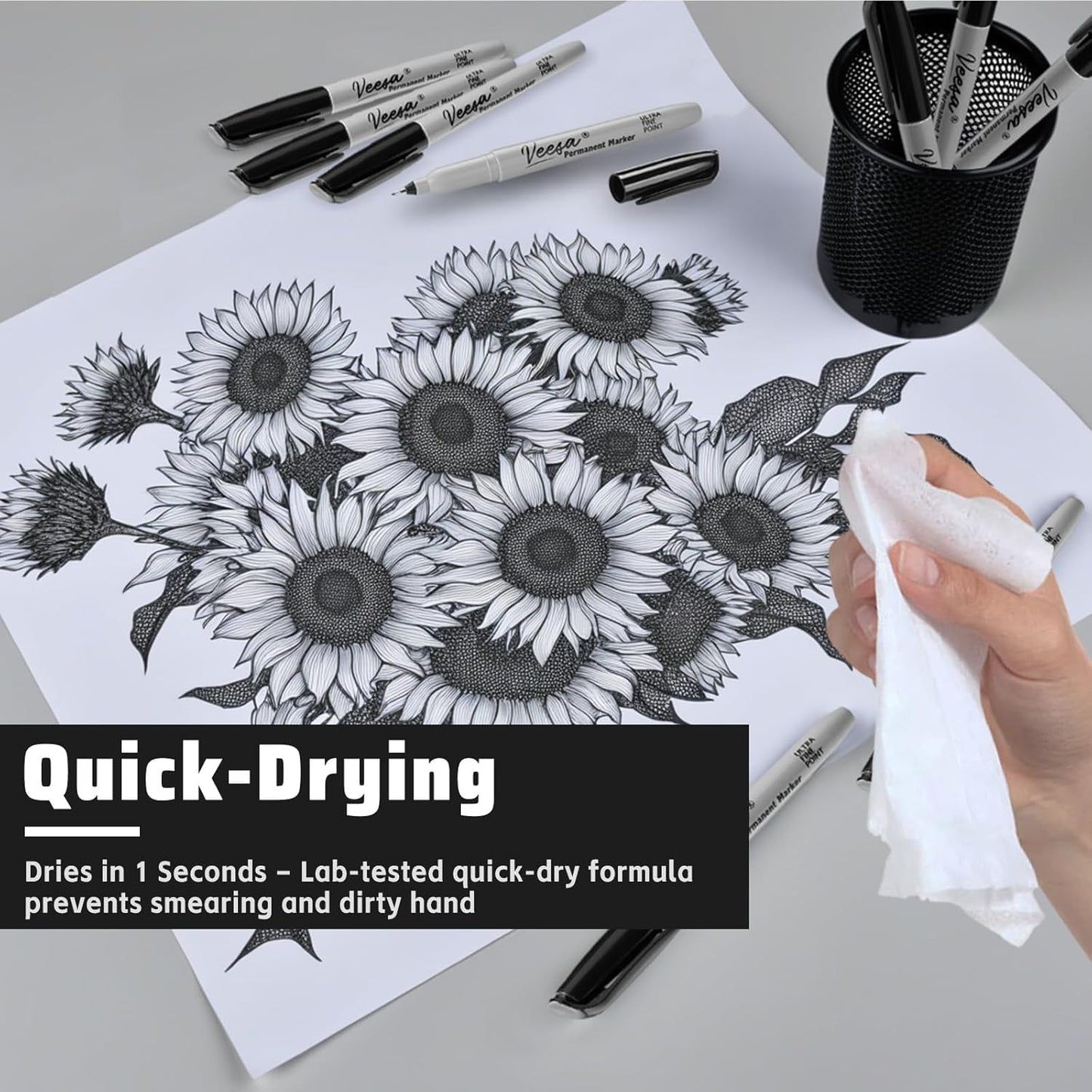 VEESA Permanent Markers, Ultra Fine Point, Black, 60 Count, 0.4mm Thin Permanent Markers Bulk, 1 Second Quick Drying, Waterproof, Fade-Resistant