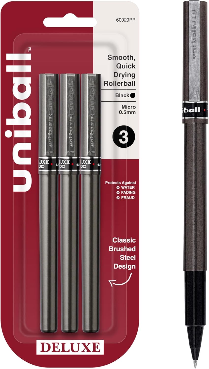 uni-ball® Deluxe Rollerball Pens, Micro Point, 0.5 mm, Graphite Barrel, Black Ink, Pack Of 3