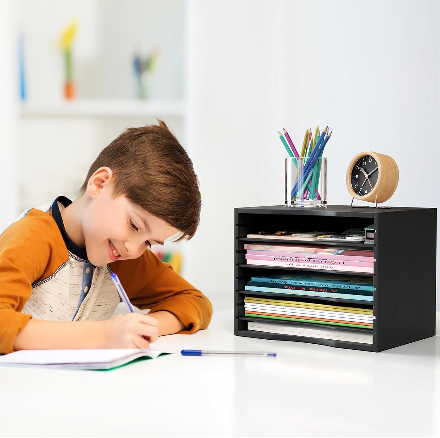 Bamjoy Bamboo 5 Tier Desktop Organizer, Paper Organizer Mail Sorter, File Holder Letter Document Storage with Adjustable Shelves for School Home Office, White