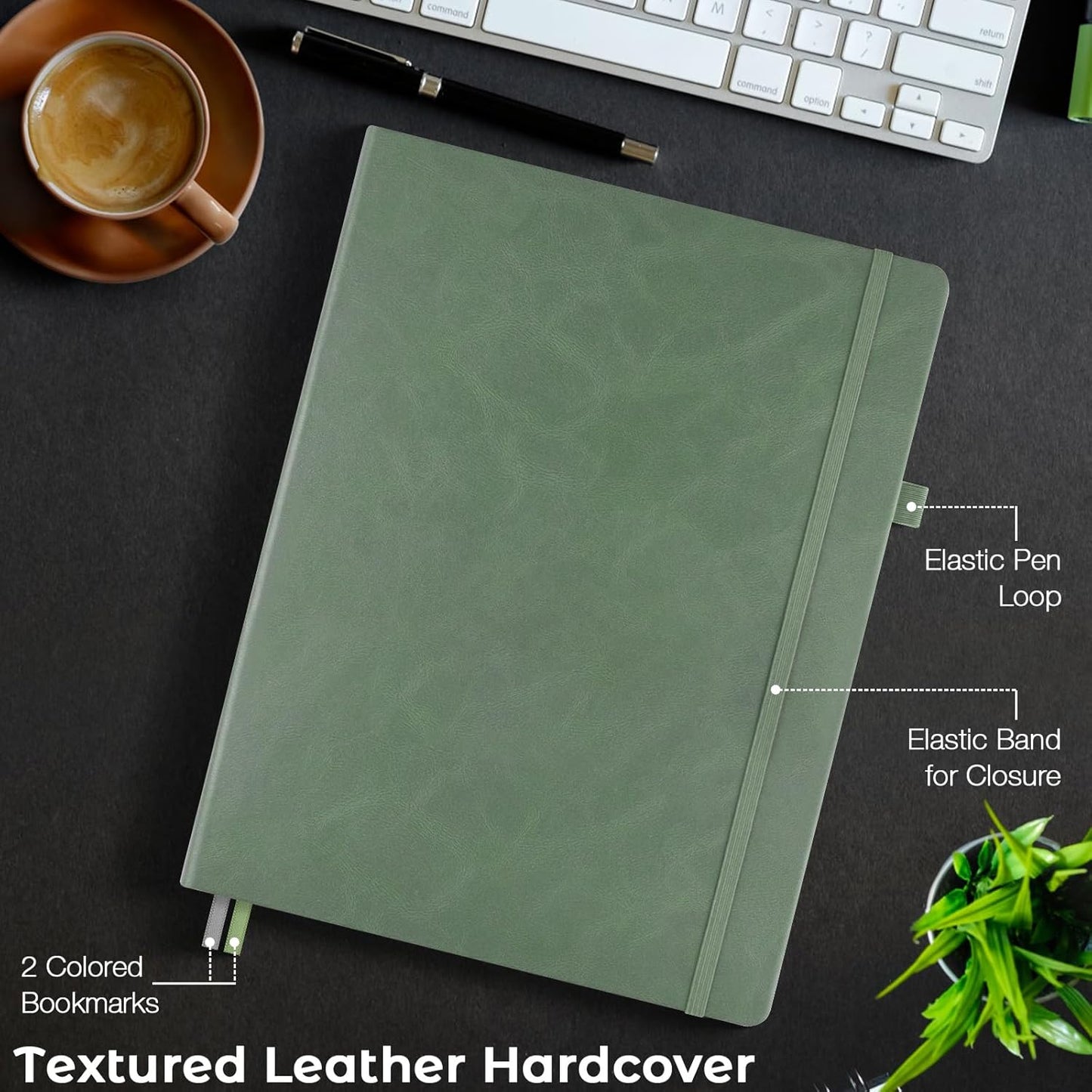 College Ruled Notebook, A4 Hardcover Leather Notebook for Work, Lined Notebook Journal for Women, Men, 192 Thick Paper, Lay Flat, Large Notebook with 2 Pockets, Professional Business Notebook, Black