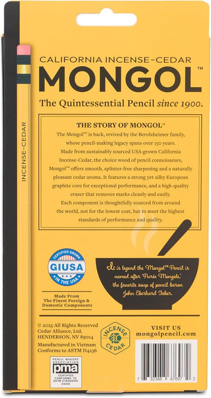 Mongol Classic Incense Cedar #2 Pencil - 12-Pack – Pre-sharpened, European Graphite Core, US Grown Cedar, Smudge Free Eraser – Nontoxic PMA Certified