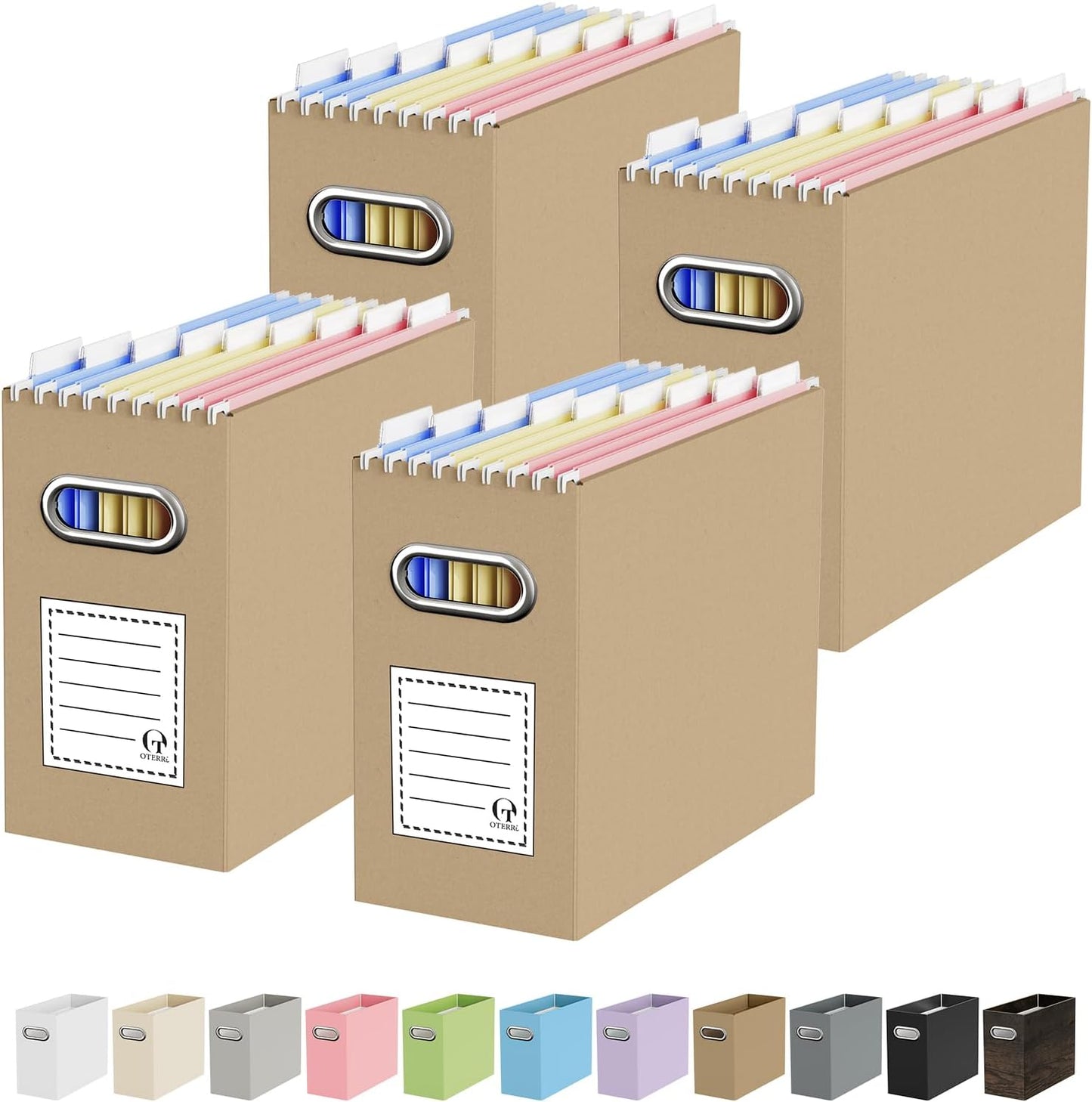 Oterri File Organizer Box, Portable Collapsible Cardboard File Folder Organizer with Handle for Letter Size Hanging Files, Document Storage Box for Home Office & Classroom (4 Packs, Black)