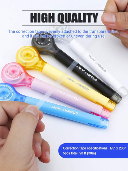 5pcs Correction Tape Pen, White, 1/5" x 236", Push-pull Protective Cover