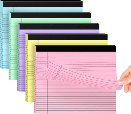 5 Pack Note Pads 11" x 9.5" Colored Legal Pads College Ruled Landscape Note Pads of Paper Writing Pads Perforated 80GSM Legal Pad 30 Sheets Desk Notepad Thick Backboard School, Office, Home