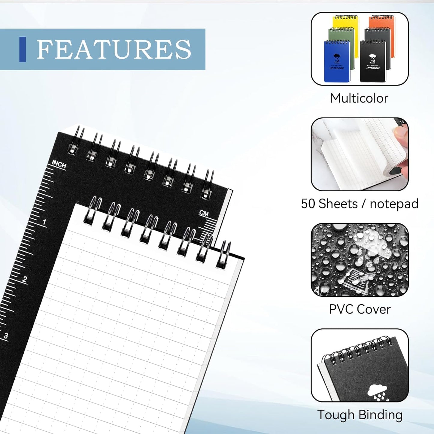COIDEA 6 Pack Waterproof Notebook, 3 x 5 Pocket Notepad, Top-Spiral Weatherproof NotePad, All Weather Police Pocket Notebook Little Memo Steno Note Pads for Outdoor Office School Recording
