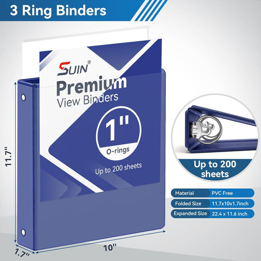SUIN 1-inch 3 Ring Binder with 2 Interior Pockets, 1''Durable Binders Holds US Letter Size 8.5'' x 11'' Paper - Versatile Binders for Office, Home, and School Use, 6 Pack Black