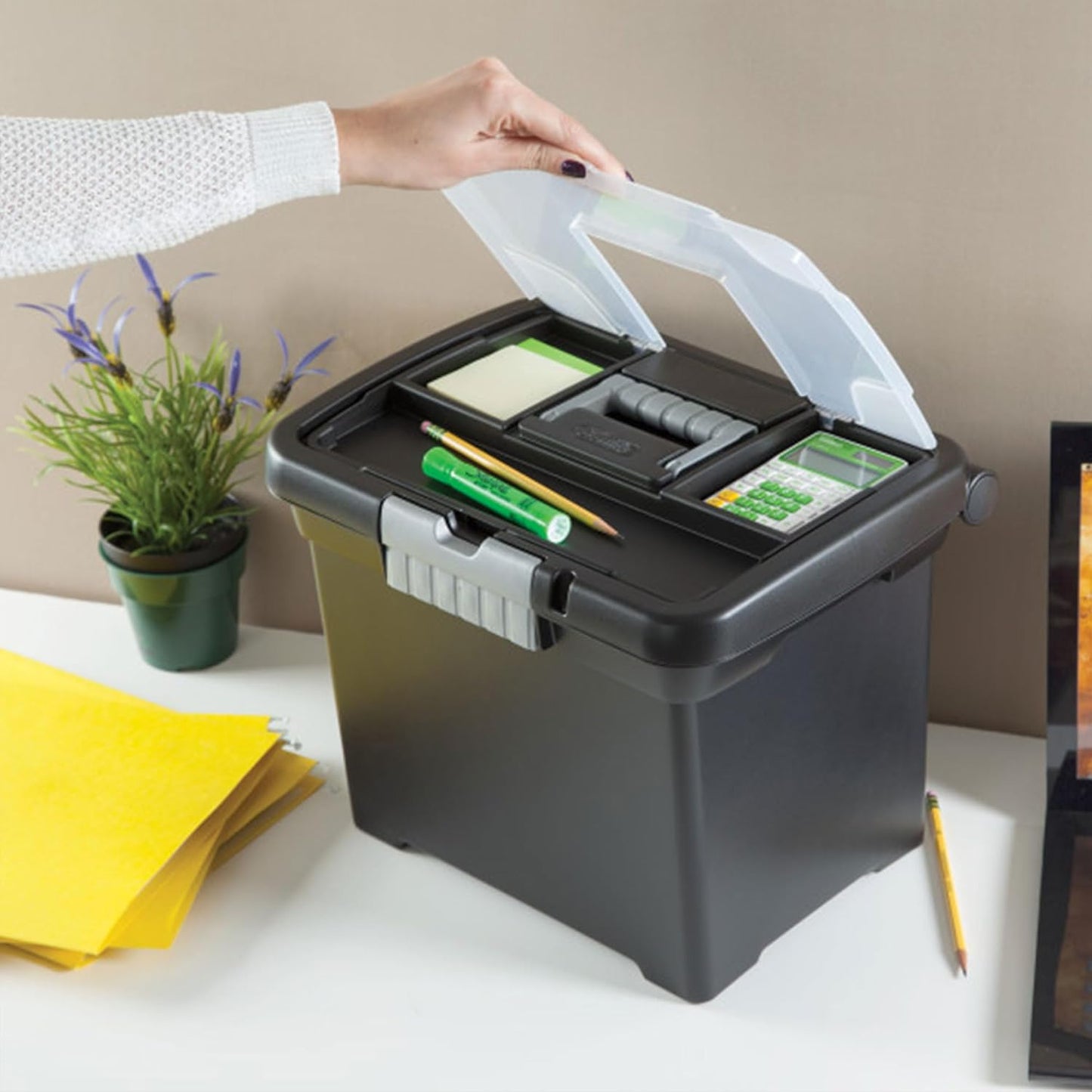 Sterilite 4-Pack Portable File Box, Stackable Container for Letter Hanging Folders, Black - Paper Document Plastic Storage Organizer with Latching Lid for Home, Office, and Dorm Organization