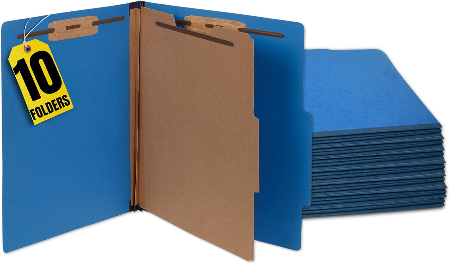 1InTheOffice Pressboard Classification Folders, 1 Divider, Letter Size, 4 Fasteners, Blue, 10 Pack