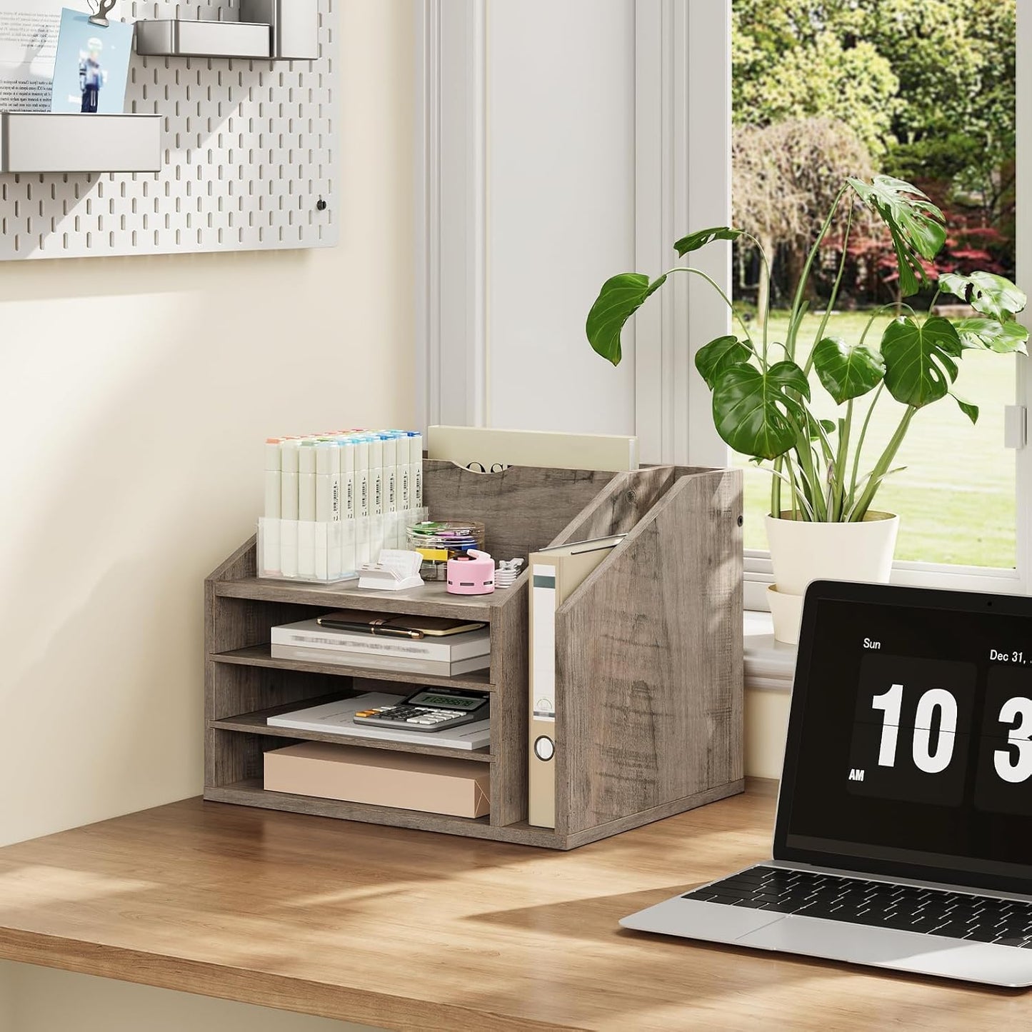 CHOEZON Wooden Desk Organizer with Adjustable Partitions, Multi-Layer Desktop File Holder for Home Office, Paper & Stationery Storage Organizer, Rustic Brown MWJ04FG