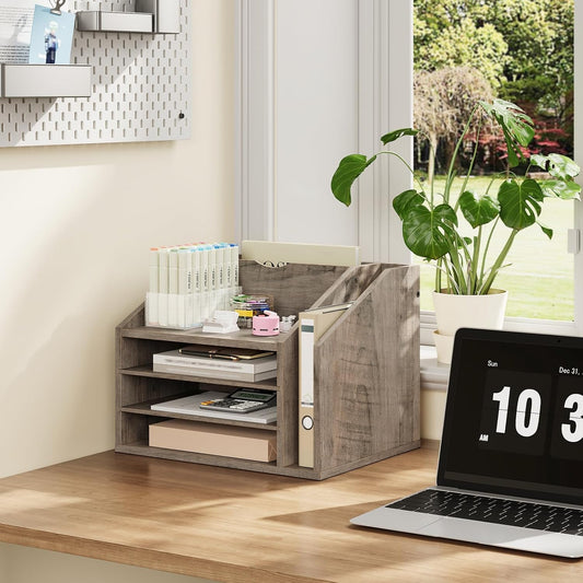 CHOEZON Wooden Desk Organizer with Adjustable Partitions, Multi-Layer Desktop File Holder for Home Office, Paper & Stationery Storage Organizer, Rustic Brown MWJ04FG