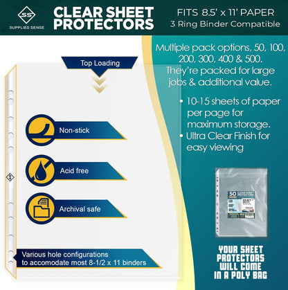Sheet Protectors for 3 Ring Binder, 50 Pack Premium Clear Page Protector 8.5 x 11 inch, Plastic Sleeves for Binders, Top Loading Paper Sheets Document Sleeve Letter Size, Photo, Office, Home