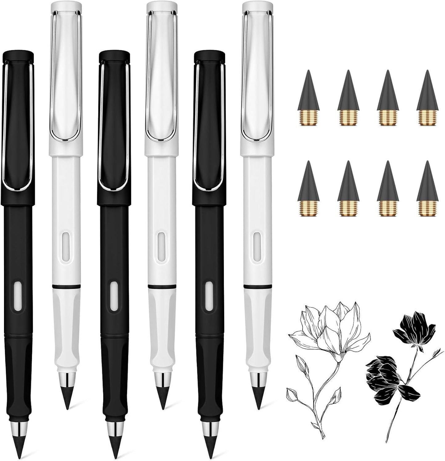 Ainiv Inkless Pencil with Eraser - 5 Sets Infinity Pencil, Reusable with Extra 5 Eraser & 5 Replaceable Nibs for Home, Office & School Writing, Drawing