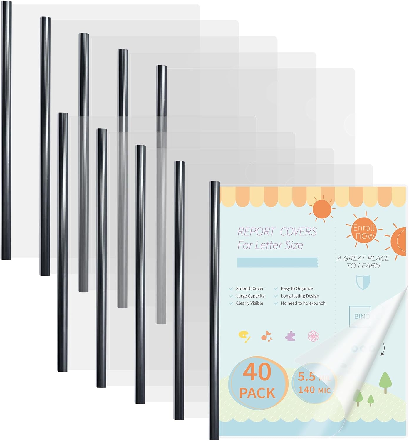 Binditek 12 Pack Clear Report Covers with Black Sliding Bars, 70 Sheet Capacity, 9mm Binding Bars, Letter Size, 5.5 Mil Thick, Black, for Students and Coworkers