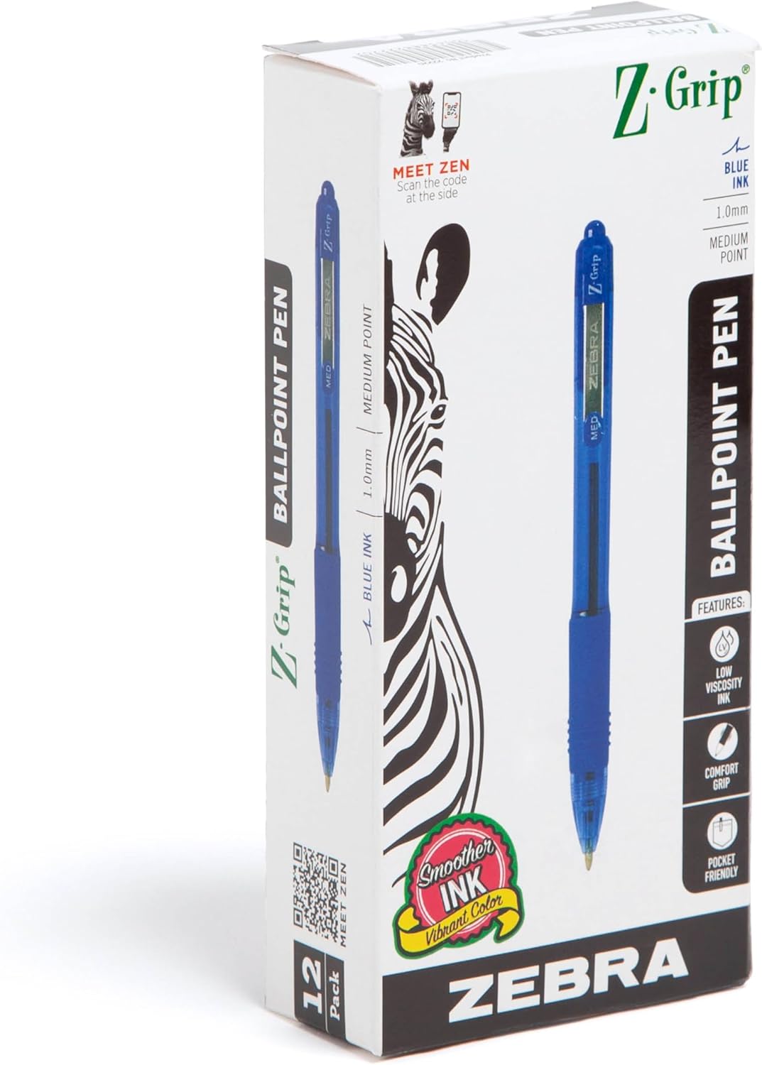 Zebra Pen Z-Grip Retractable Ballpoint Pen, Smooth-Flowing Black Ink, 1.0mm Medium Point, School & Office Supplies, Ideal for Note-Taking, Journal and Planner Use, 18-Pack (22218)