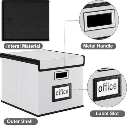 Huolewa Upgraded Portable File Organizer Box with Lid, Collapsible Linen Hanging Filing Storage Boxes with Plastic Slides, Decorative Home/Office Filing System Box for File and Folders Storage (Gray)
