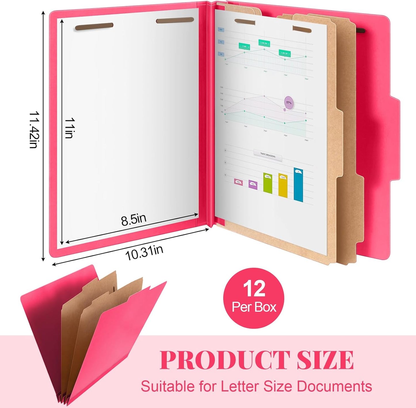 Skyygemm 12 Pcs Classification Folders Letter Size Bulk - 2 Dividers Pressboard File Folder with 3. 5 Inch Expansion, 2 Prongs Fastener, Heavy Duty Office File Organizer for Teacher Medical (Hot Pink)