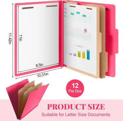 Skyygemm 12 Pcs Classification Folders Letter Size Bulk - 2 Dividers Pressboard File Folder with 3. 5 Inch Expansion, 2 Prongs Fastener, Heavy Duty Office File Organizer for Teacher Medical (Hot Pink)