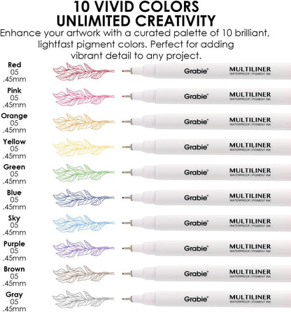 Grabie Micro Finerliner Pens, 6 Archival Black Ink Waterproof Drawing Pens, Assorted Point Sizes for Sketching, Illustration, Journaling, Art Supplies