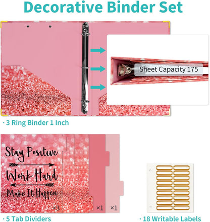Binditek 3 Ring Binder 1 Inch, Letter Size, Binder Organizer with 5-Tab Dividers, 2 Interior Pockets, Low Profile Clip Cover, Label Stickers, 175 Sheet Capacity, Floral, 1 Pack