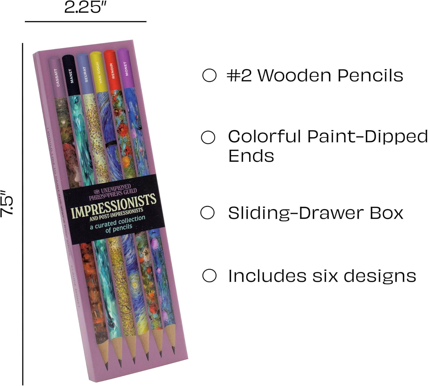 The Unemployed Philosophers Guild Impressionists Pencil Set - Box Wooden Paint-Dipped Unsharpened #2 Lead Pencils, Set of 6 Unique Designs