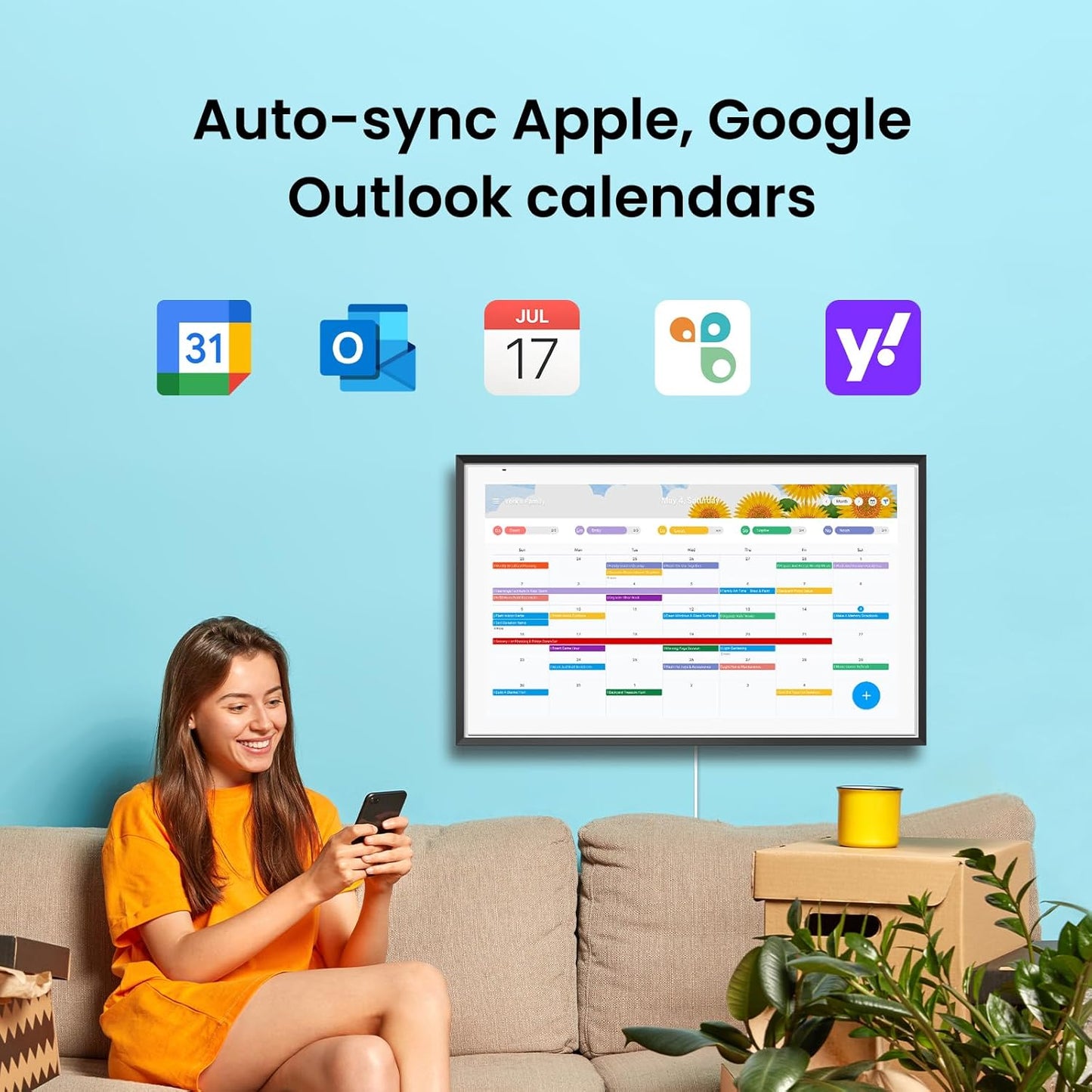 Apolosign 21.5-inch Digital Calendar : Dual Mode Smart Wall Planner, No Subscription, Install Apps, Sync Calendars, Electronic Touchscreen Interactive Display for Family Schedules, Chore Chart (Teak)