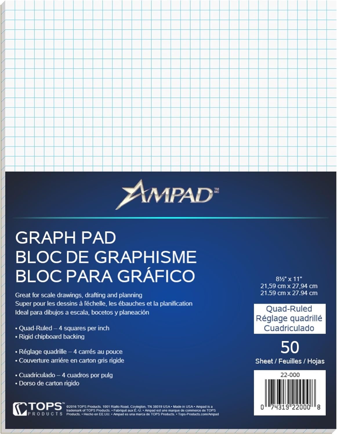 Ampad Evidence Quadrille Pad, Size 8-1/2 x 11, White Paper, 4x4 Quad Ruling, 20 Pound Premium Stock Paper, 50 Sheets Per Pad (22-000)