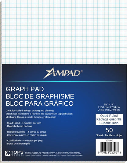 Ampad Evidence Quadrille Pad, Size 8-1/2 x 11, White Paper, 4x4 Quad Ruling, 20 Pound Premium Stock Paper, 50 Sheets Per Pad (22-000)