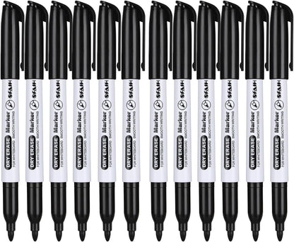 SFAIH Black Dry Erase Markers Fine Tip - 12 Pack Whiteboard Markers Standard Set For Office Teams, Teachers, Classrooms, Training Sessions | Low-Odor