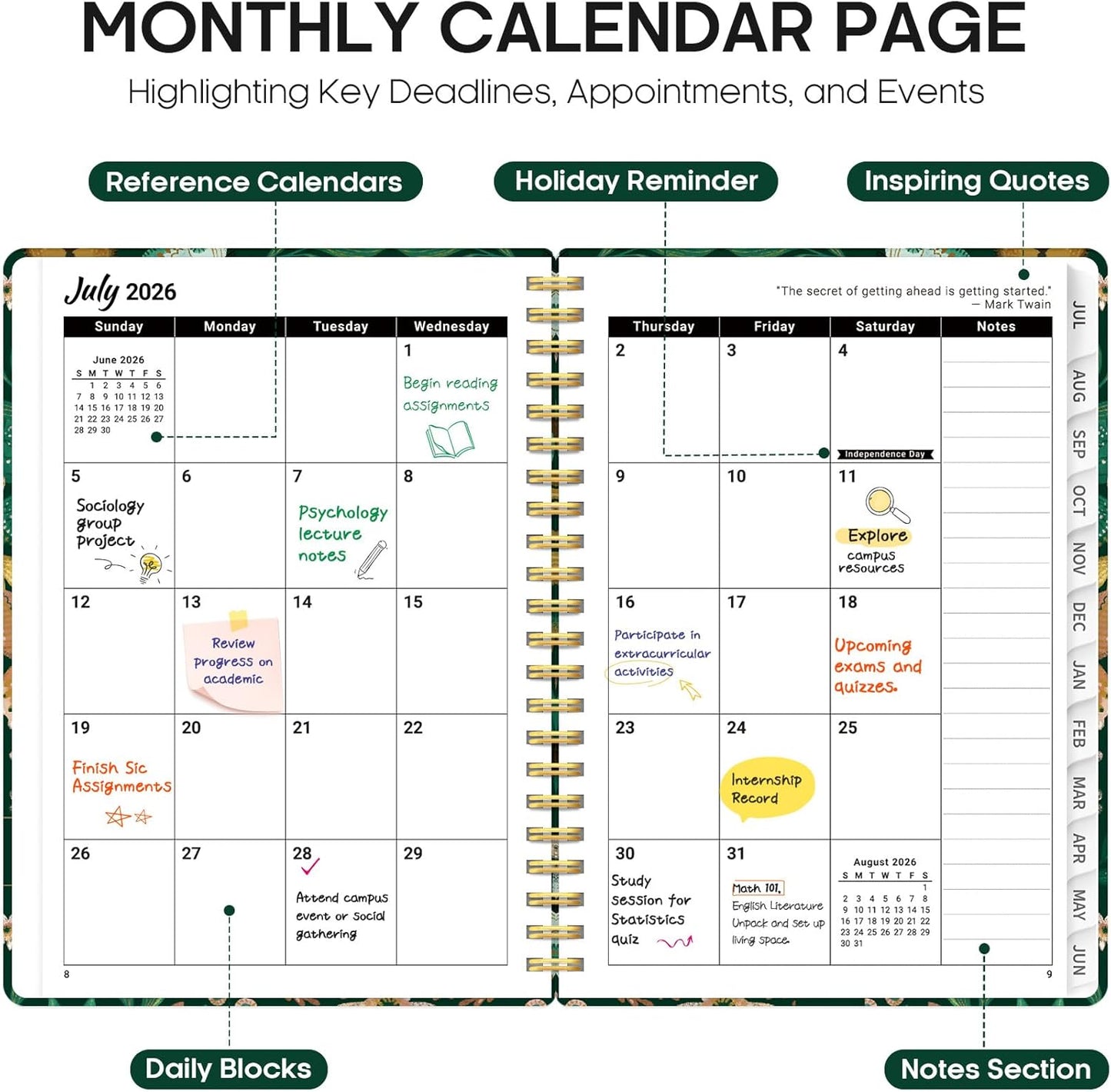Planner 2026-2027, Academic Year Monthly and Weekly Calendar Planner, Jul 2026 - Jun 2027, Hardcover Teacher Student Planning Agenda book with Tabs, Perfect for School Office Supplies, 6.3" x 8.5" - Wildflowers
