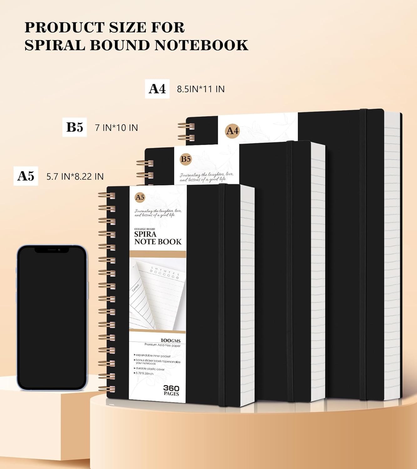 MUAHLIUB Spiral Notebook Journal College Ruled, 360 Pages Lined Thick Journals for Women Men, B5 Big Notebooks with 100GSM Paper, Spiral Bound Journaling for Writing Work School Black 7.6"×10"
