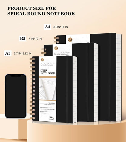 MUAHLIUB Spiral Notebook Journal College Ruled, 360 Pages Lined Thick Journals for Women Men, B5 Big Notebooks with 100GSM Paper, Spiral Bound Journaling for Writing Work School Black 7.6"×10"