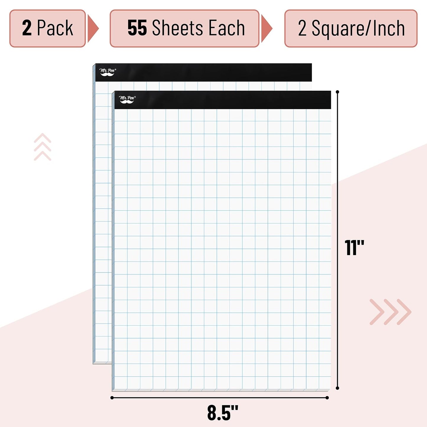 Mr. Pen- Graph Paper pads 8.5 x 11 Inches, 2 Pack, 55 Sheets/Pack, 2x2 (2 Squares Per Inch), Blueprint Grid Paper Pads 8.5 x 11, Math Notebook