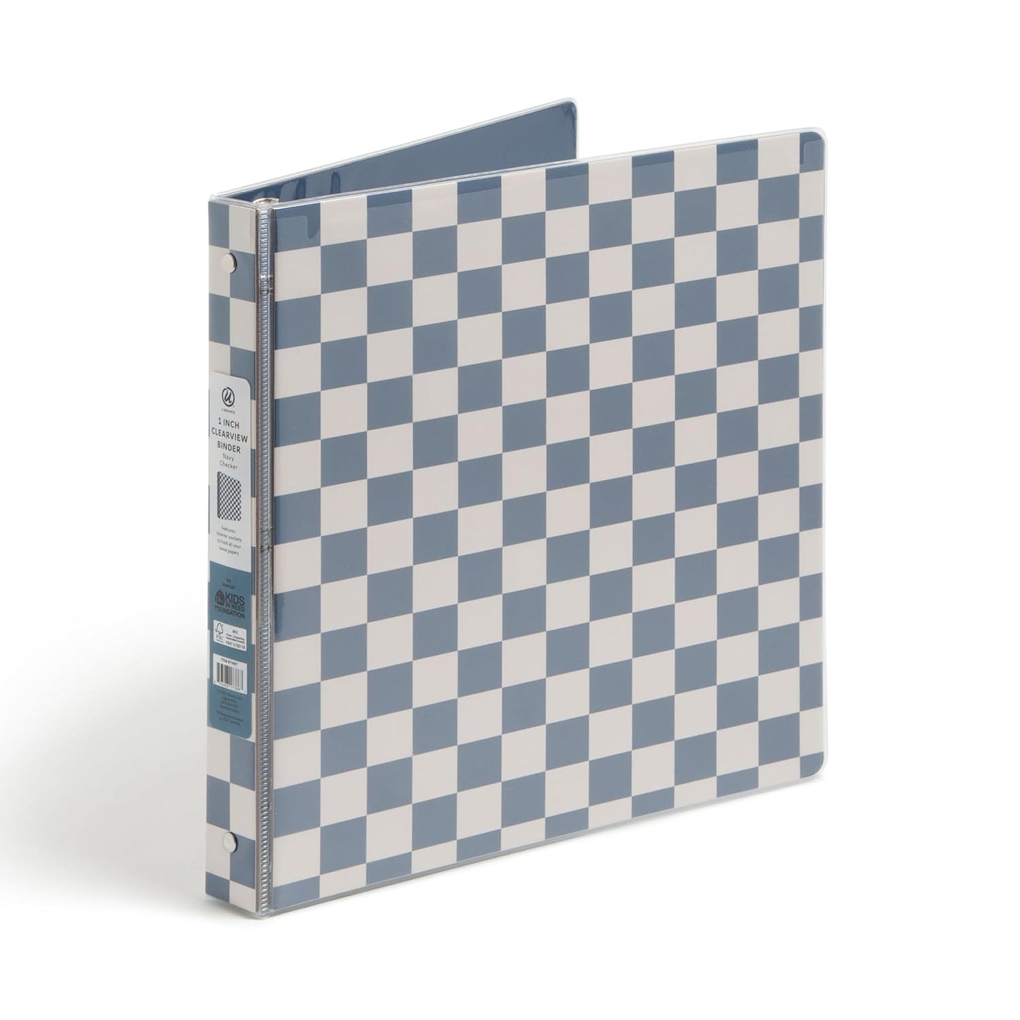 U Brands Checkered Preppy Blue 3 Ring Binder, 1-Inch, Holds 225 Sheets, Durable Round Rings, Clear View, Letter Size, 1 Pack