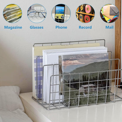 Silver Metal Desktop Organizer – 4-Slot Wire Mail Sorter, Minimalist Iron Art File Holder, Multi-Purpose Book Rack & Letter Organizer for Office, Home & School