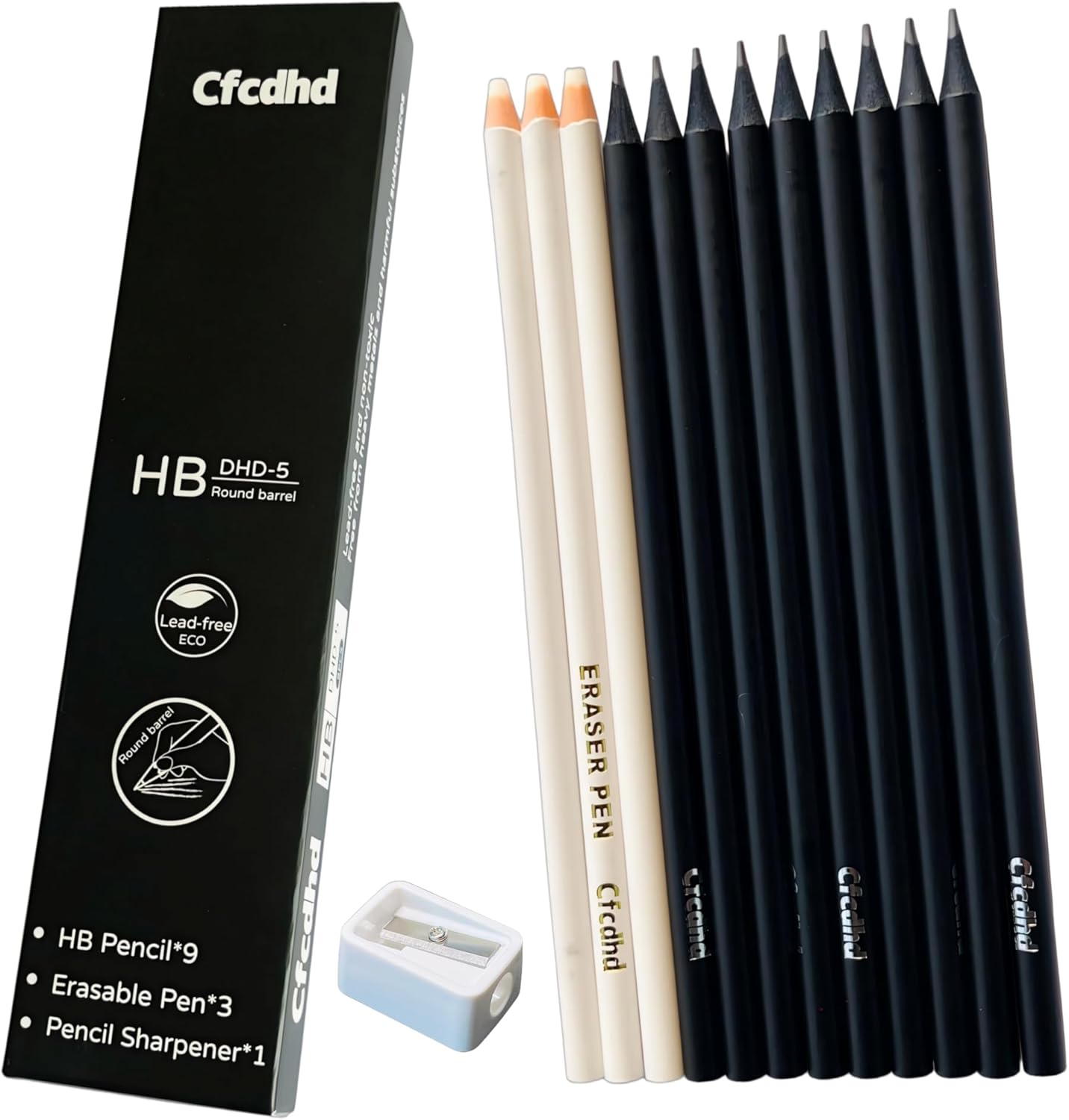 9 Pack HB Pre-Sharpened Wooden Graphite Pencils with 3 Pen Erasers & 1 Sharpener, Ideal for Writing, Drawing & Sketching, Perfect for Students, Adults, Artists, Kids & School Office Use