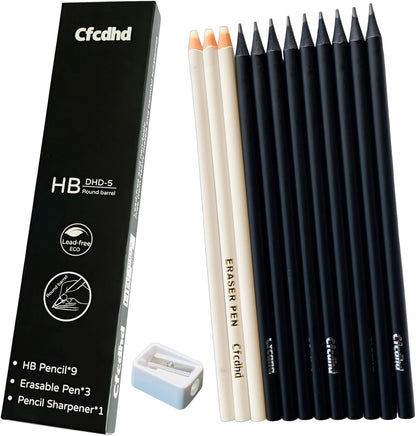9 Pack HB Pre-Sharpened Wooden Graphite Pencils with 3 Pen Erasers & 1 Sharpener, Ideal for Writing, Drawing & Sketching, Perfect for Students, Adults, Artists, Kids & School Office Use