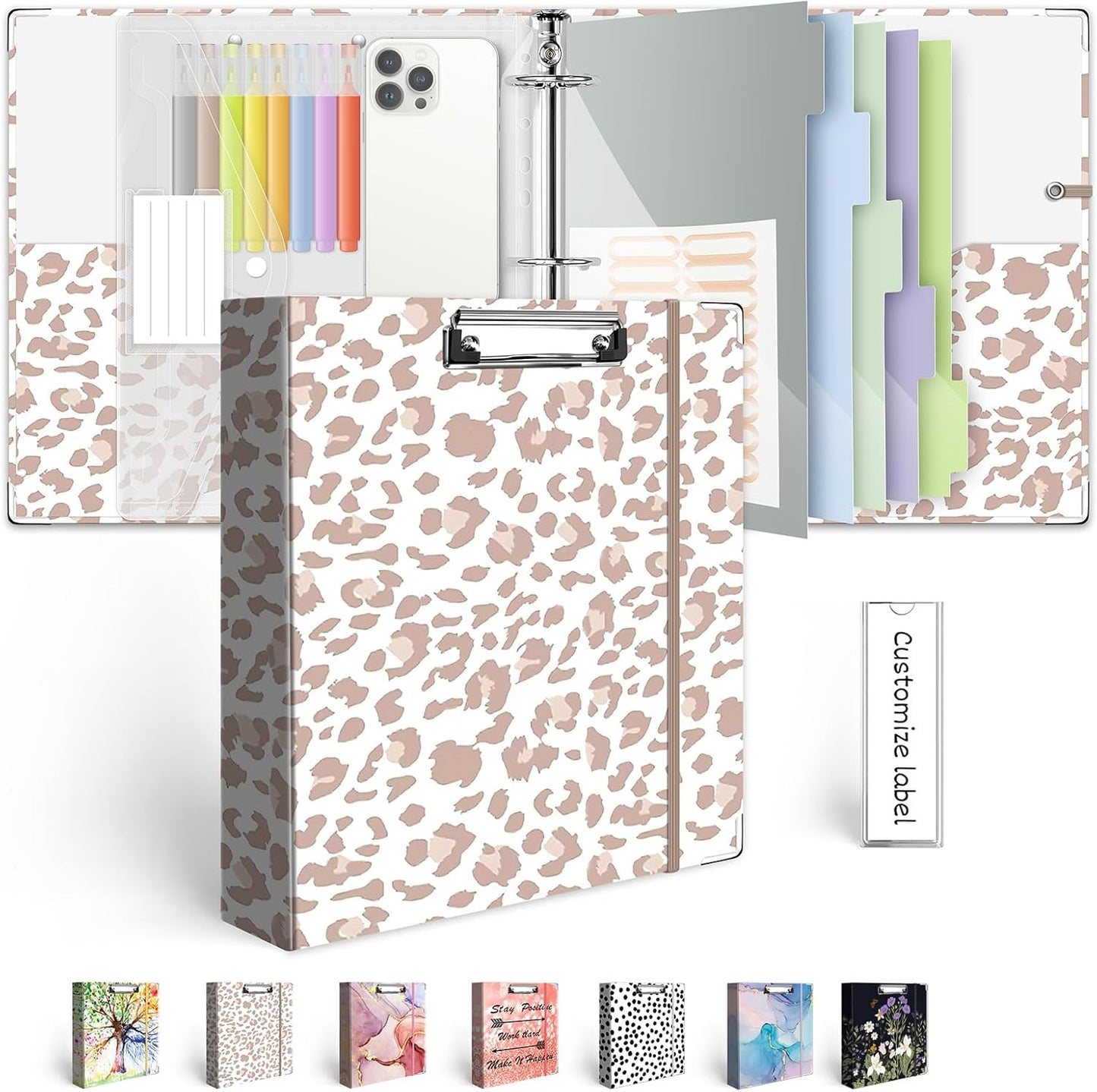 3 Ring Binder 1 Inch, Three Ring Binders Organizer with Clipboard, 5-Tabs Pockets Dividers, Plastic Folder, 18 Divider Stikers, BVSSX Pretty Binder with Pen Loop (Black Weeds, Letter Size)