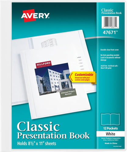 Avery Classic Presentation Book, Clear Front Window for Title Page, 12 Non-stick Pages, 1 White Book (47671)