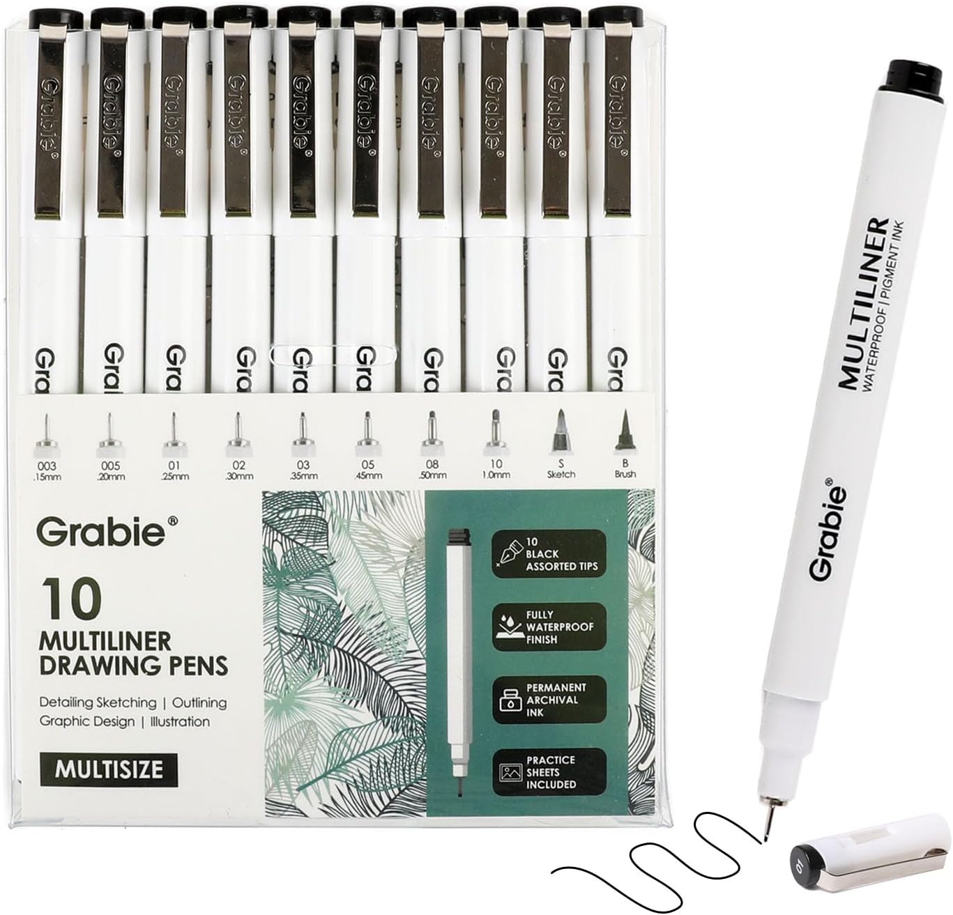 Grabie Micro Finerliner Pens, 6 Archival Black Ink Waterproof Drawing Pens, Assorted Point Sizes for Sketching, Illustration, Journaling, Art Supplies