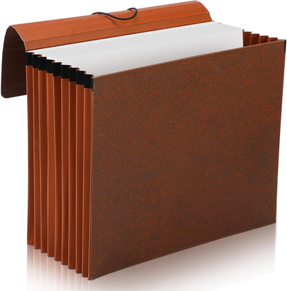 PerKoop 5 Pcs Expanding File Folder with Flap 7 Inch Expansion Expanding File Wallet with Elastic Cord Closure Letter Size Heavy Duty Document Organizer, 10 Slots, Brown