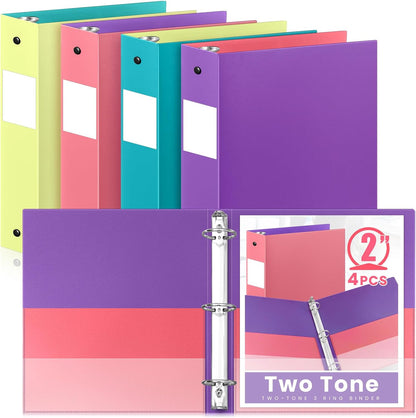 Henoyso 4 Pack Plastic Two-Tone View 3 Ring Binder, 1 Inch Round Ring Binder with Four Inner Pockets, Heavy Duty View Binders for School and Office, Pink, Teal, Purple and Lime (Clear Font Pocket)