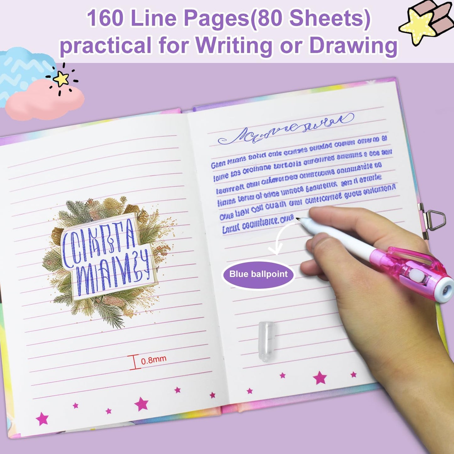 Pop Girls Diary with Lock and Invisible Ink Double-end Pen, 7.5x5.4” 160 Lined Page Fidget Colorful Heart Girls Journal for Kids Secret Notebook Pen Set Birthday Gifts for Girls 5 6 7 8 9 10 Years Old