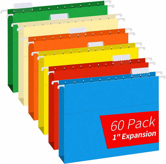 Hanging File Folders, RAZCC 60 Pack Reinforced Hanging Folders Letter Size, Designed for Bulky Files, Filing Cabinet, Adjustable Tabs, Assorted Colors