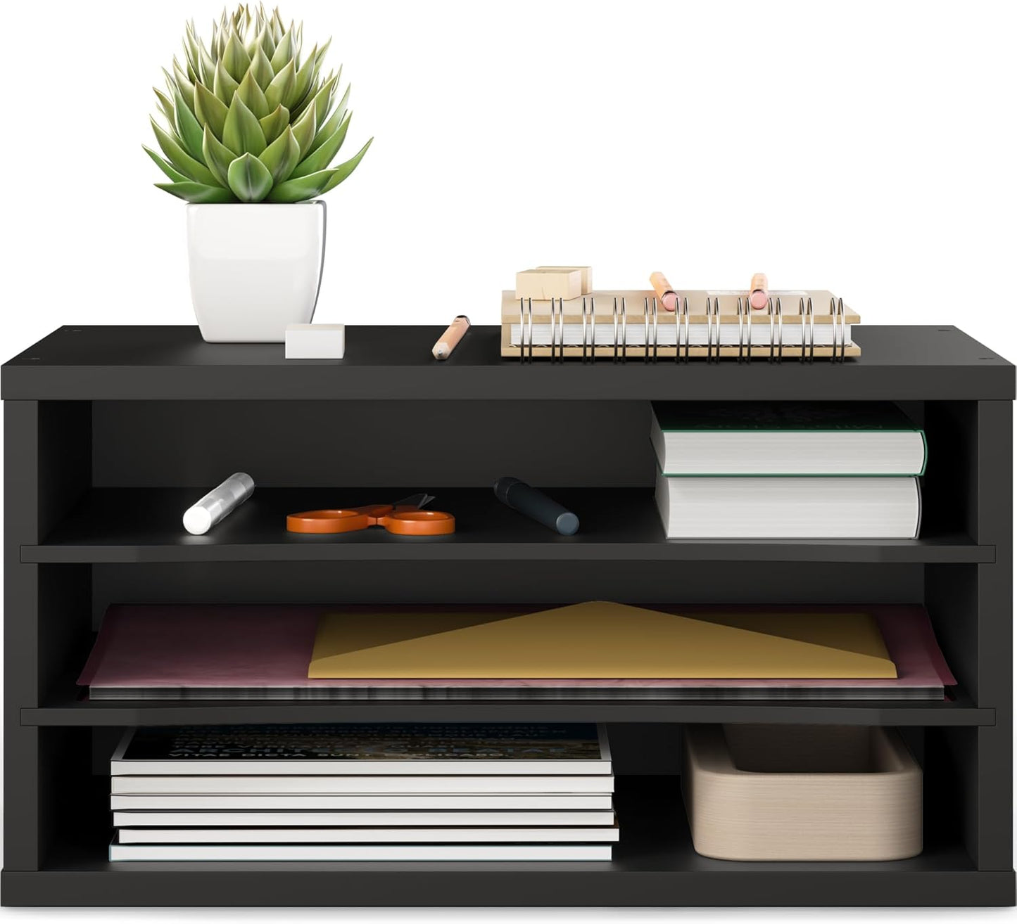 Ballucci 4-Tier Paper Organizer for Desk, Stackable Tray, Desk Storage Organizer Shelves, Stacking Letter Paper Tray Sorter for Classroom Office, Black