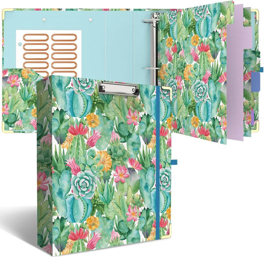 3 Ring Binder 2 Inch, Cute Round Ring Binders with 6 Tab Dividers, Labels Stickers, Low Profile Clipboard with Storage, Fashion Binder School Office Supplies (Wild Flowers)