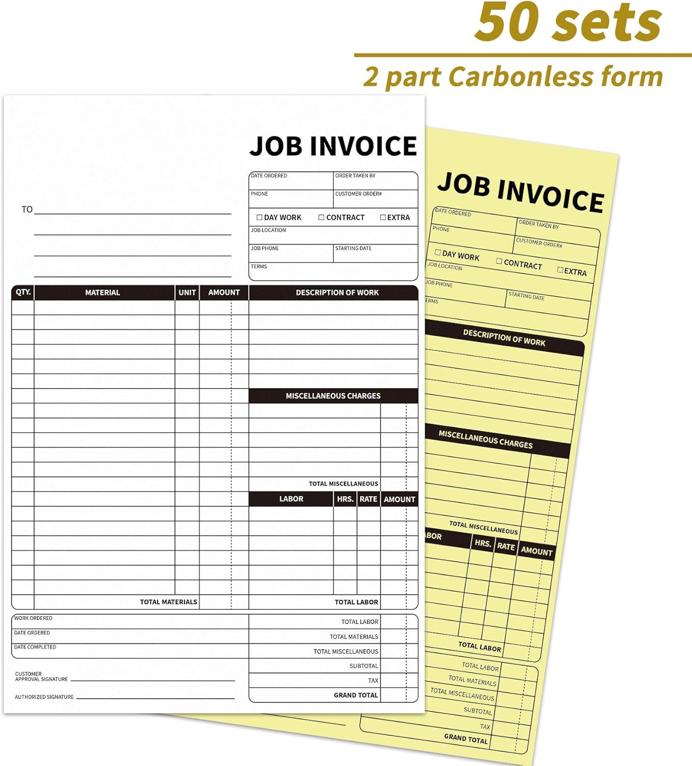 Carbonless Work Order Forms,7.5 x 11 inches Invoices for Small Business,Sales Order Book with Backing Board, 2-Part Receipt with Carbon Copy, 50 Sets