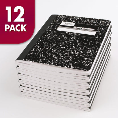 Mead Composition Notebook, 12 Pack, Wide Ruled Paper, 7-1/2" x 9-3/4", 100 Sheets per Comp Book, Black Marble (72936)